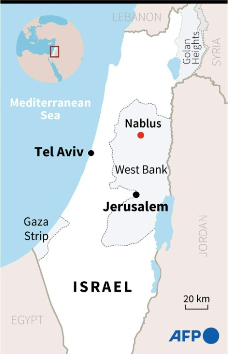 Map of Israel and Palestinian territory, including the West Bank city of Nablus.