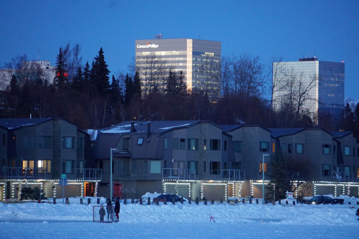 The ConocoPhillips Alaska Inc. building overlooks the frozen Westchester Lagoon in downtown Anchorage