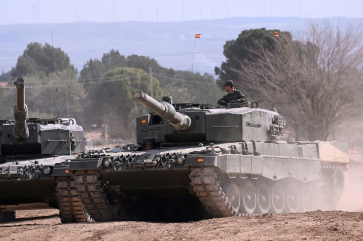 Ukrainian soliders receive armoured manoeuvre training on German-made Leopard 2 battle tanks in Zaragoza, Spain