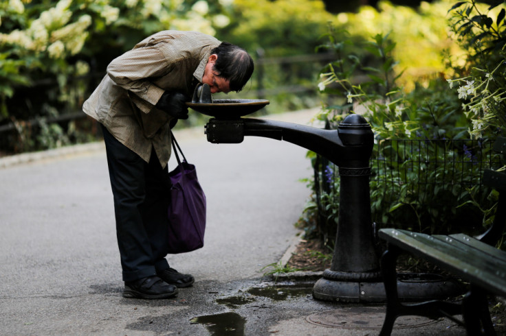 A man drinks from a water fountain on a hot summer day in Central Park, Manhattan, New York