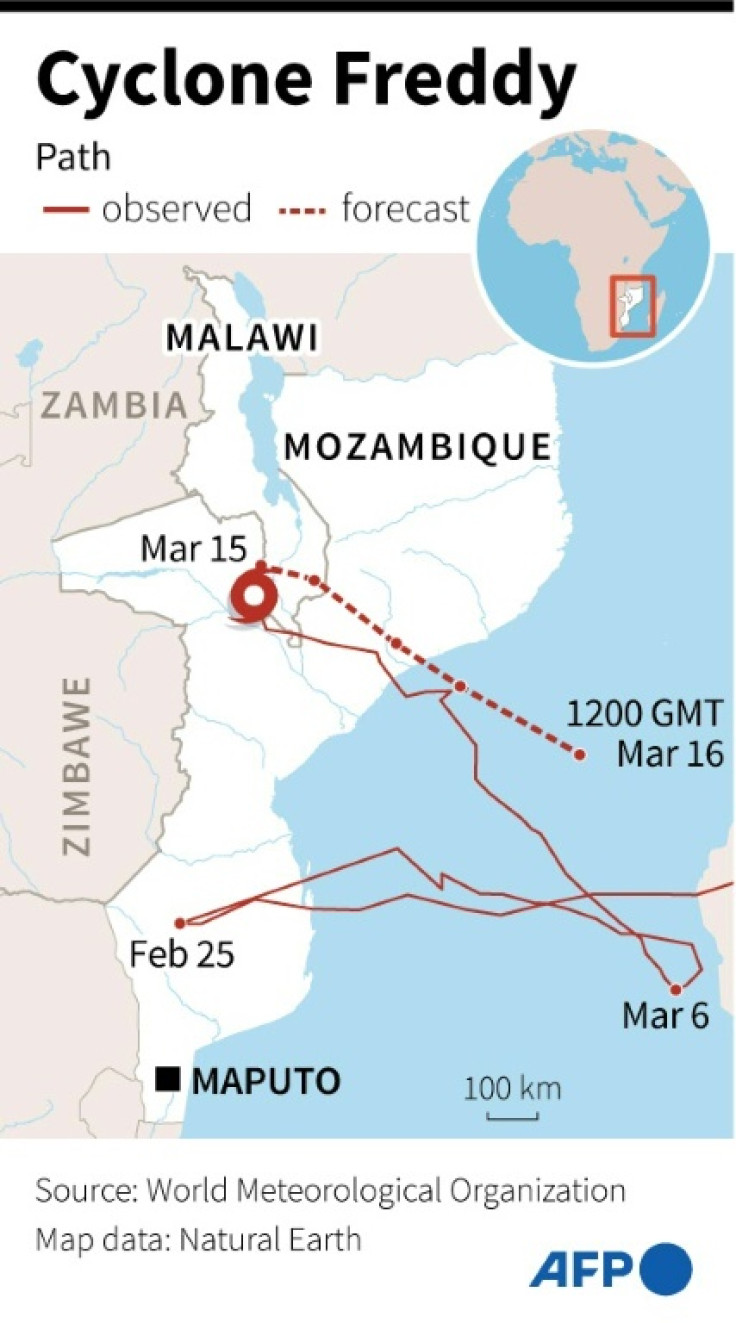 Map of Mozambique and Malawi where Cyclone Freddy, reverting to a tropical storm, caused several dozen deaths.