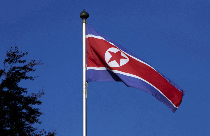 A North Korean flag flies on a mast at the Permanent Mission of North Korea in Geneva