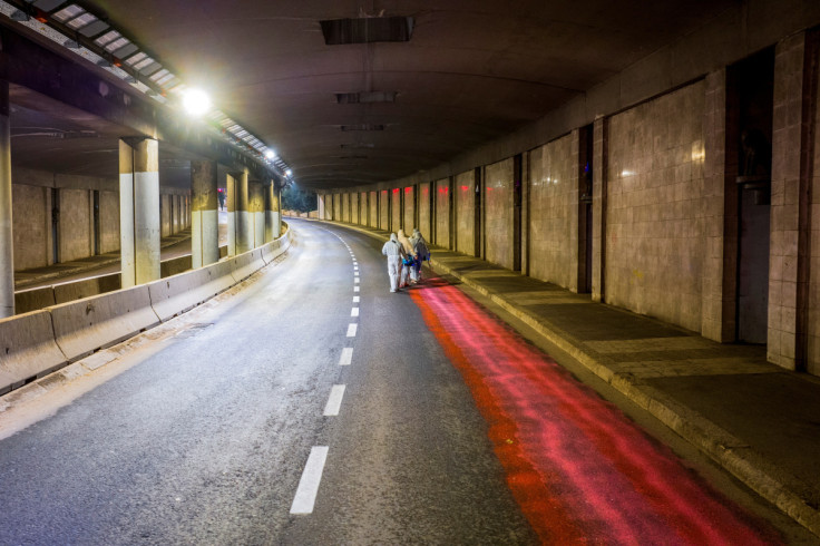 Protesters spray red paint on the roads leading up to Israel's Supreme Court as part of "Day of Resistance" against judicial overhaul, in Jerusalem