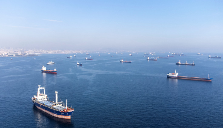 Commercial vessels including vessels which are part of Black Sea grain deal wait to pass the Bosphorus strait off the shores of Yenikapi in Istanbul