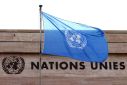A flag is seen on a building during the Human Rights Council at the United Nations in Geneva