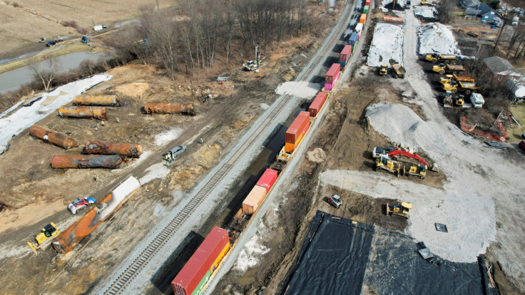 Site of the derailment of a train carrying hazardous waste, in East Palestine, Ohio