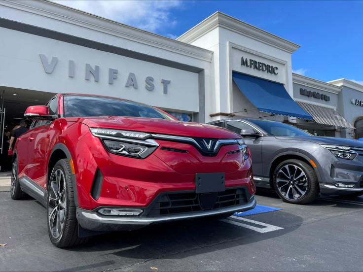 VinFast electric vehicles are parked before delivery to their first customers at a store in Los Angeles