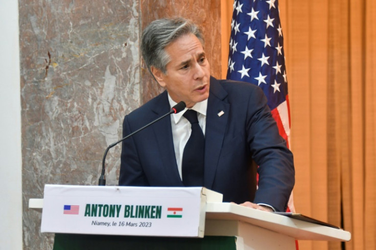 US Secretary of State Antony Blinken speaks in Niamey, Niger, on March 16, 2023