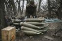 A Ukrainian serviceman preparing 155mm artillery shells near Bakhmut, eastern Ukraine, over the weekend. Kyiv has complained that its forces are having to ration their firepower