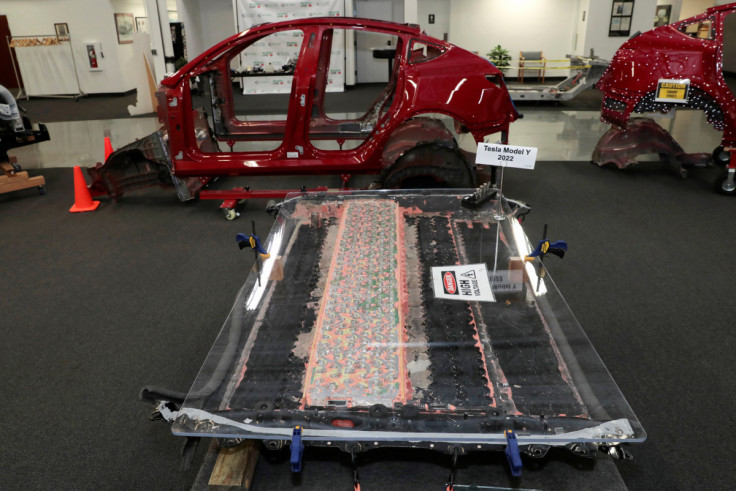 A partially disassembled 4680 battery pack from a Tesla 2022 Model Y