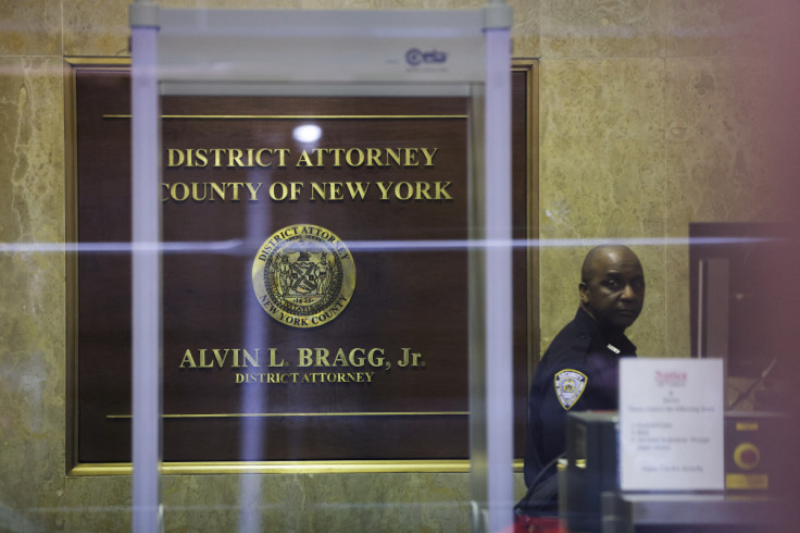 Signage is seen in the Manhattan District Attorney Alvin Bragg's offices as he continues his investigation into former U.S. President Donald Trump in Manhattan, New York City
