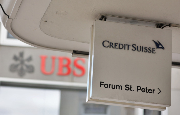 Logos of Swiss bank UBS and Credit Suisse in Zurich