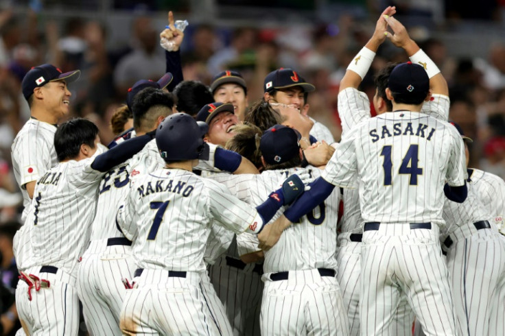 Japan's players celebrate a thrilling 6-5 win over Mexico in the World Baseball Classic semi-finals