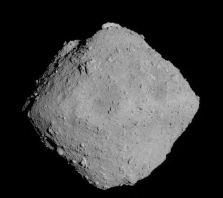 The carbonaceous asteroid Ryugu is seen from a distance of about 12 miles (20 km) during the Japanese Space Agency's Hayabusa2 mission