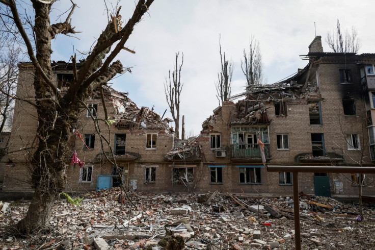 A view shows a residential building damaged by a Russian military strike in the frontline city of Avdiivka