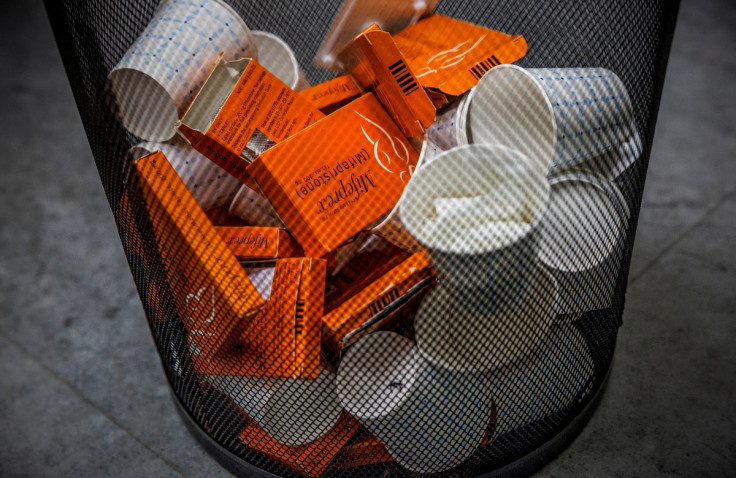 Used boxes of Mifepristone pills, the first drug used in a medical abortion, fill a trash can at Alamo Women's Clinic in New Mexico