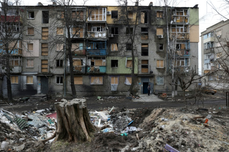 A building partially destroyed by Russian shelling in the Ukrainian town of Kupiansk