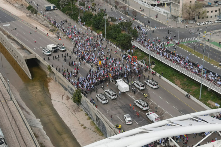 An aerial view shows demonstrators as they launch "Day of Shutdown” against judicial overhaul