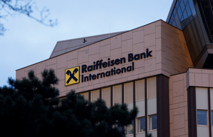 The logo of Raiffeisen Bank International is seen on their headquarters in Vienna