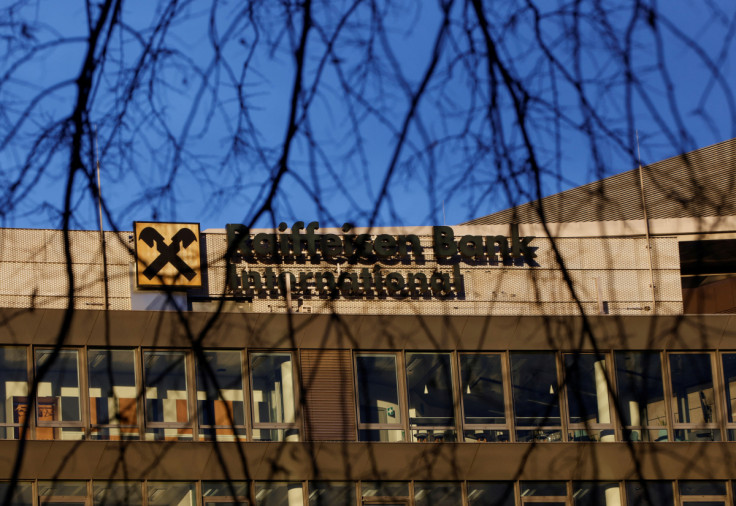 The logo of Raiffeisen Bank International (RBI) is seen at its headquarters in Vienna