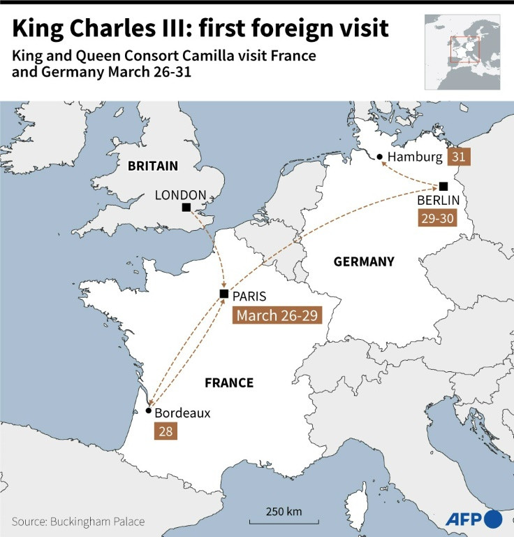 Map showing first foreign visit by King Charles III and Queen Consort Camilla to France and Germany.