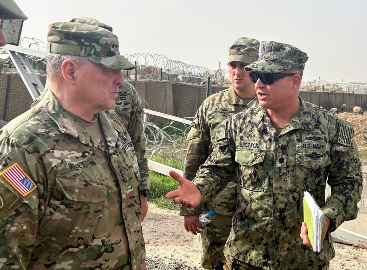 U.S. Joint Chiefs Chair Army General Mark Milley speaks with U.S. forces in Syria at a U.S. military base in Northeast Syria