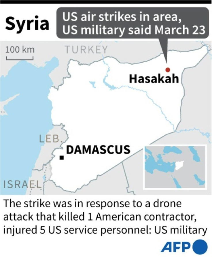 Map of Syria locating Hasakah near where the US carried out air strikes after drone attack killed one American contractor and injured five US service personnel, according the US military on March 23.