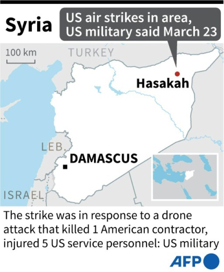 Map of Syria locating Hasakah near where the US carried out air strikes after drone attack killed one American contractor and injured five US service personnel, according the US military on March 23.