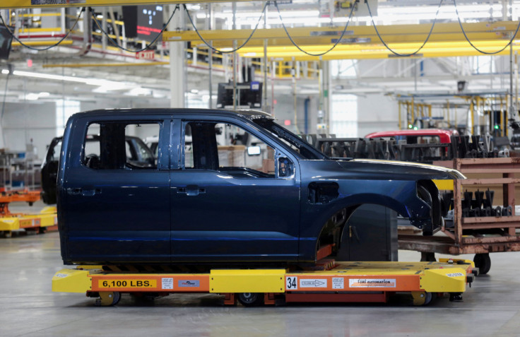 A cab of a model of the all-new F-150 Lightning electric pickup truck is seen on an assembly line in Dearborn