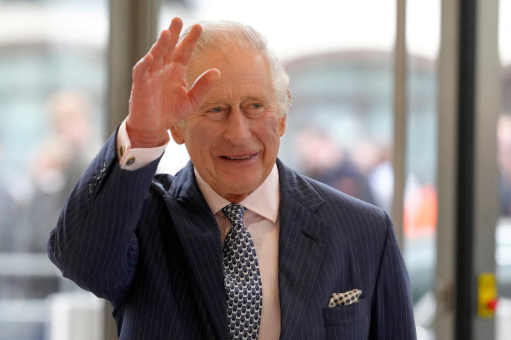 Britain's King Charles waves as he arrives for a visit to the new European Bank for Reconstruction and Development (EBRD) in London