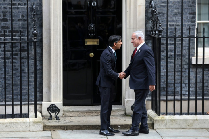 Demonstrators could be heard shouting 'shame' as the Israeli prime minister met his UK counterpart Rishi Sunak