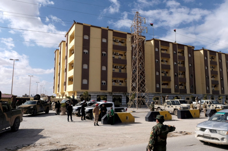 Security forces stand guard outside the building of the House of Representatives, in Tobruk, Libya