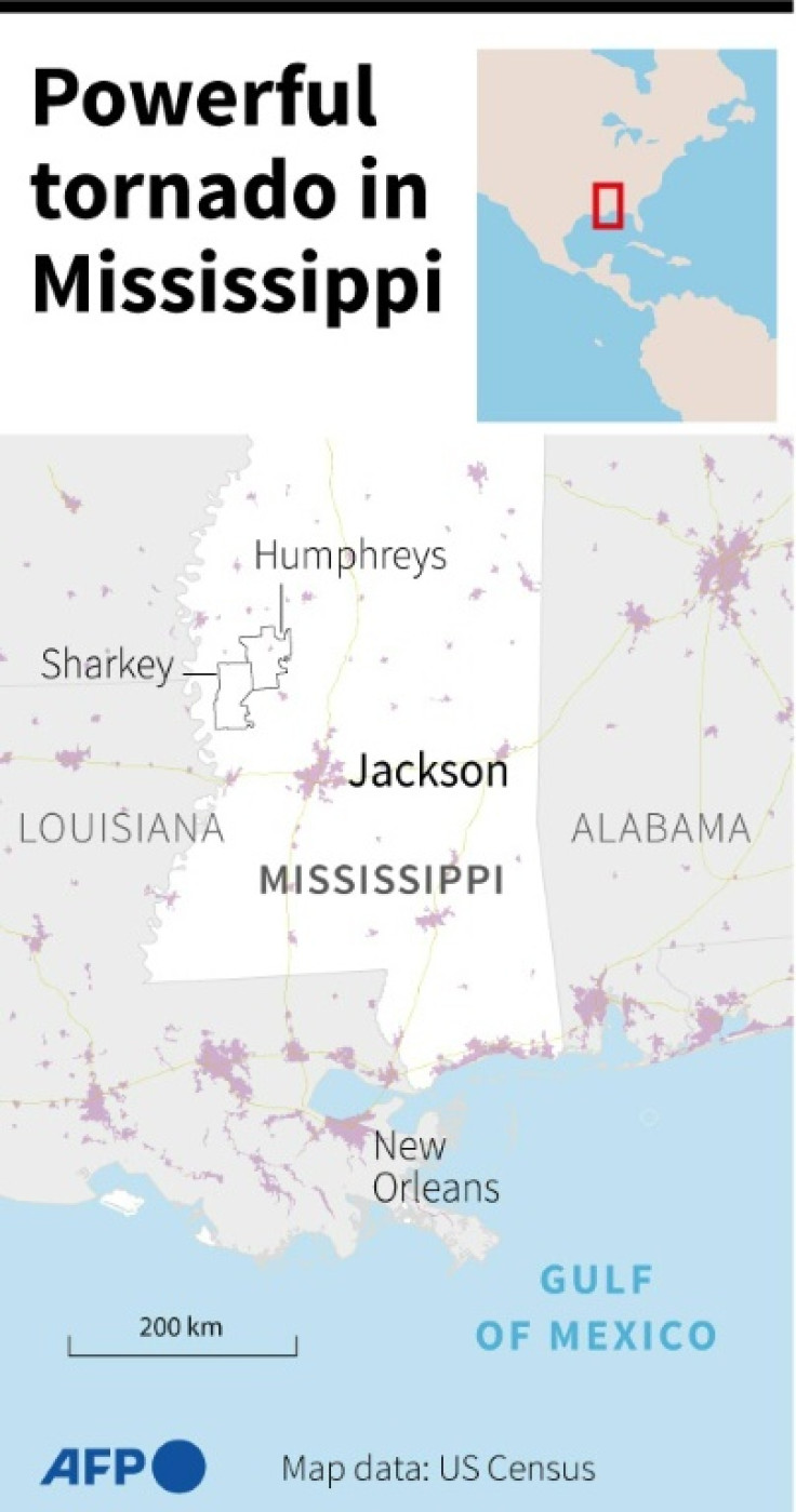 Map of the US state of Mississippi, where a tornado and violent storms have killed at least 23 people
