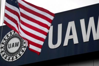 The United Auto Workers union logo on the front of the UAW Solidarity House in Detroit