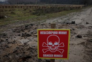 A mine danger sign and anti-tank constructions are seen near the border with Belarus in Volyn region