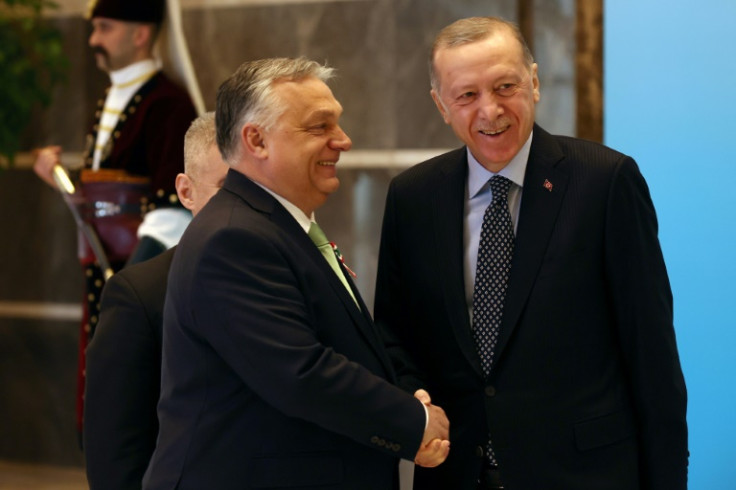 Turkish President Recep Tayyip Erdogan (right) and Hungarian Prime Minister Viktor Orban, who are both being shunned at a US-led Summit for Demcoracy, meet in Ankara on March 16, 2023