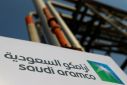 Saudi Aramco logo is pictured at the oil facility in Abqaiq