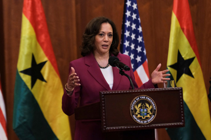 Ghana's President Nana Akufo-Addo and U.S. Vice President Kamala Harris address the press