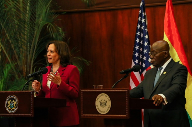 US Vice President Kamala Harris (L) announced security and economic assistence during a visit to Ghana's President Nana Akufo-Addo (R)