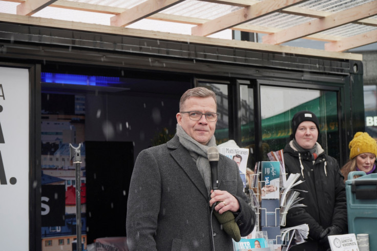 Leader of the National Coalition Party of Finland Petteri Orpo attends a campaign rally, in Helsinki