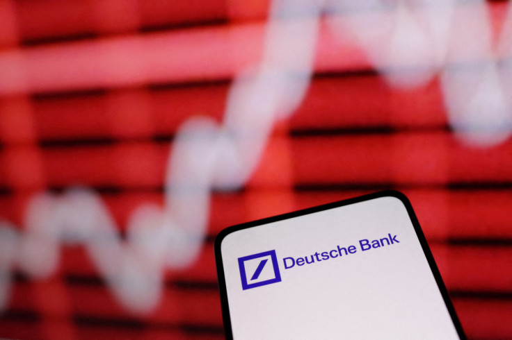 Illustration shows Deutsche Bank logo and rising stock graph