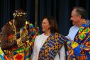 Harris and Second Gentleman Douglas Emhoff receive Kente cloths from Chief Osabarima Kwesi Atta II in Ghana