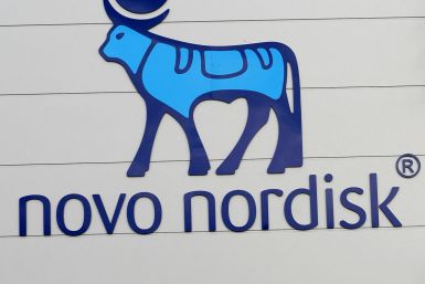 The logo of Danish multinational pharmaceutical company Novo Nordisk is pictured on the facade of a production plant in Chartres