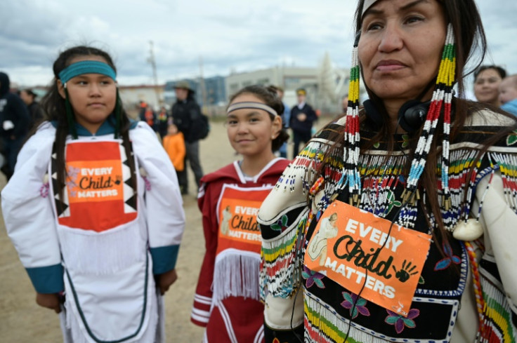 Indigenous women await the arrival of Pope Francis in Iqaluit, Nunavut, Canada, in July 2022.