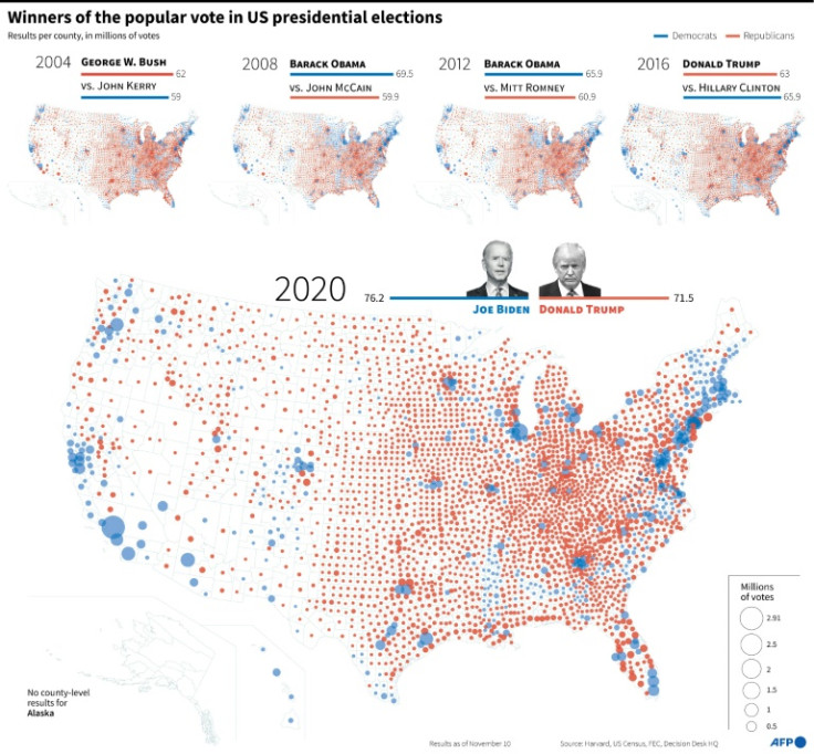 Maps showing the results per county of the popular vote in the past 5 US presidential elections