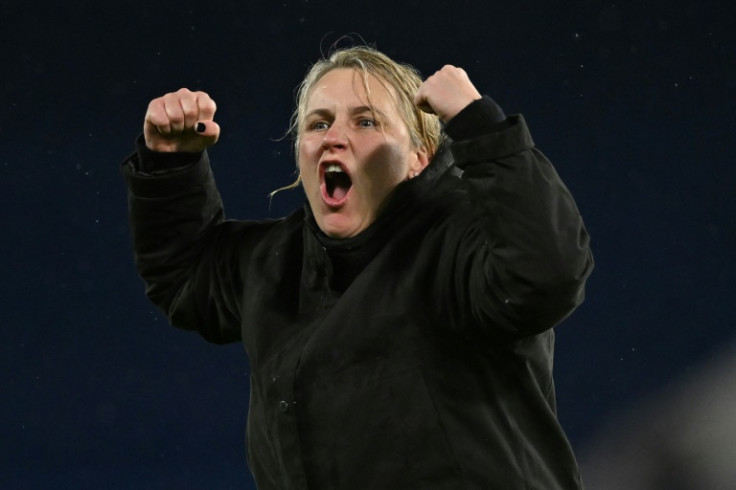Chelsea manager Emma Hayes celebrates after her side's shoot-out win over Lyon