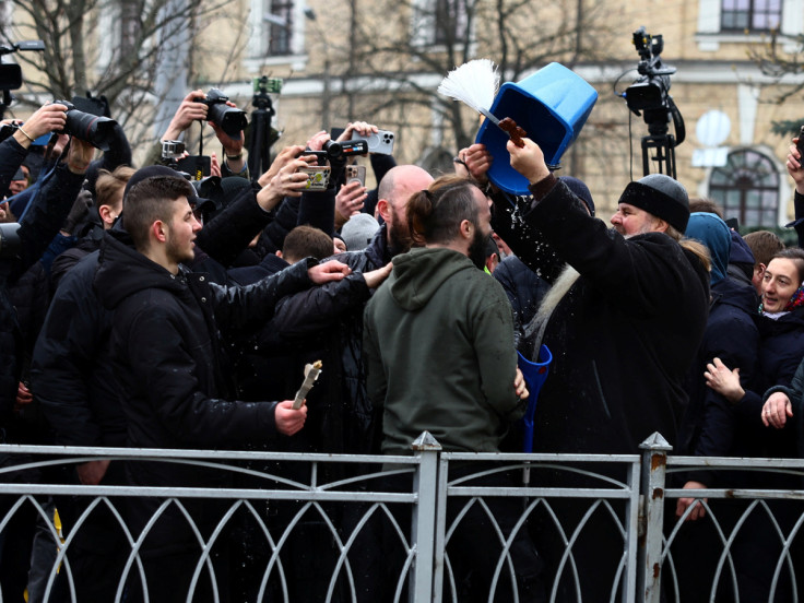 Believers of the Ukrainian Orthodox Church blocking the entrance of Lavra monastery in Kyiv