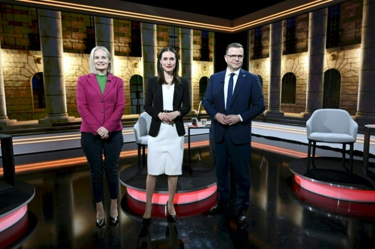 From left: Riikka Purra, Sanna Marin and Petteri Orpo at a pre-election debate