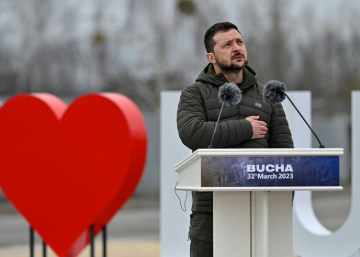 Ukrainian President Volodymyr Zelensky marks the first anniversary of the retreat of Russian troops from the Ukrainian town of Bucha, near Kyiv