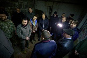 Ukraine's President Zelenskiy Zelenskiy and German Economy and Climate Minister Habeck visit the village of Yahidne on the first anniversary of its liberation, in Chernihiv region
